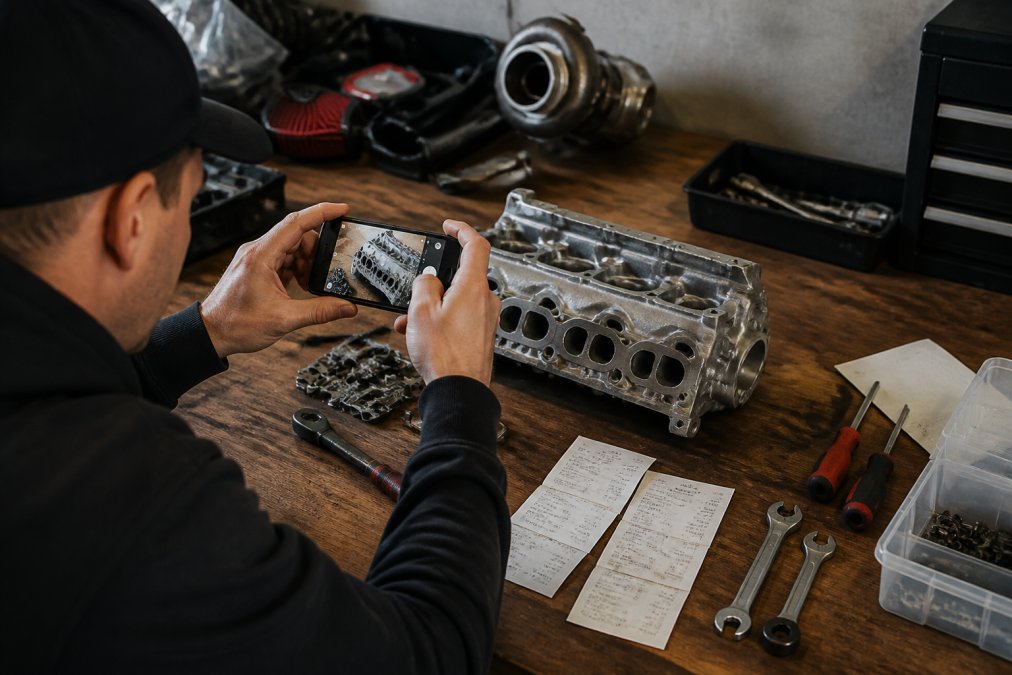 Automotive enthusiast photographing a modified engine component with a smartphone to document the build, with organized tools, parts, and receipts visible on a clean workbench