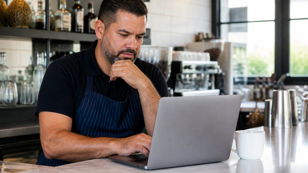 Restaurant manager reviewing subscription metrics on laptop at counter with coffee cup, focused expression and natural office lighting