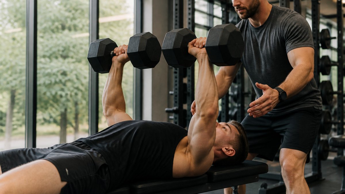 Athlete performing a controlled dumbbell bench press in a bright, modern gym setting
