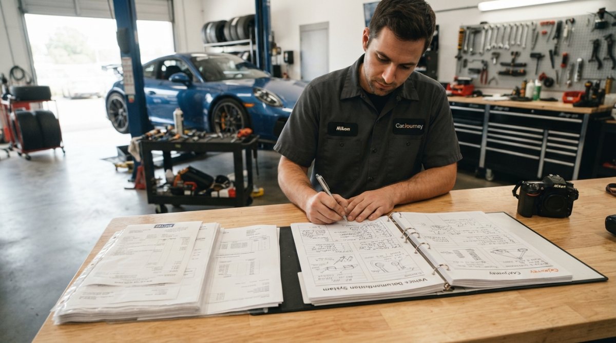 Close-up of hands organizing receipts, photographs, and documentation next to a laptop displaying a vehicle modification tracker interface with organized folders and build history