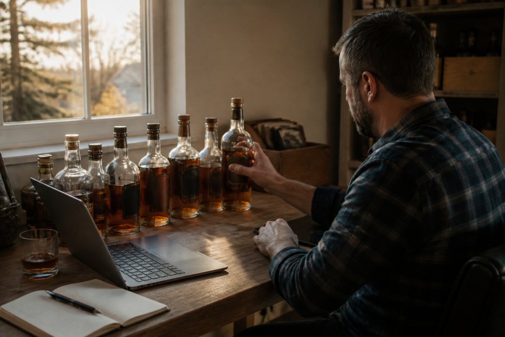 A person at a home desk arranging a row of bourbon bottles while looking at a laptop screen showing a spreadsheet with columns and rows, warm afternoon light through a window