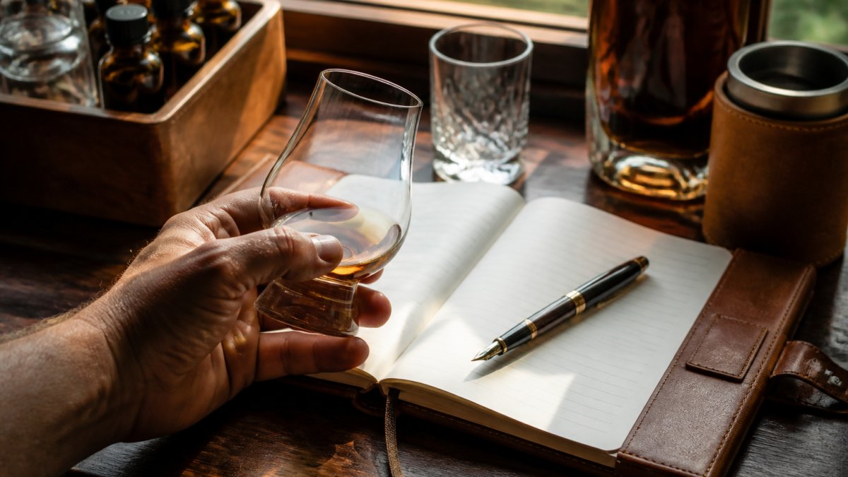 Close-up of a hand holding a whiskey glass with amber liquid, positioned over an open leather-bound tasting journal with a fountain pen resting on the page, natural window light illuminating the scene