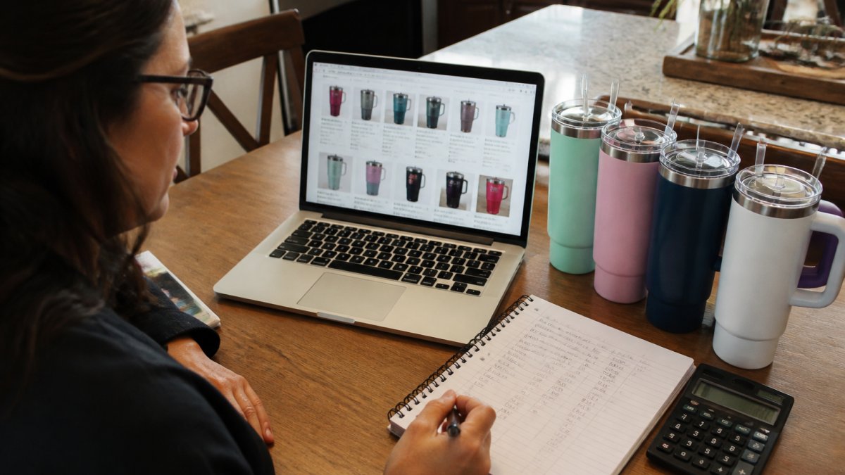 Collector comparing online resale listings to handwritten price notes for various colorful metal tumblers