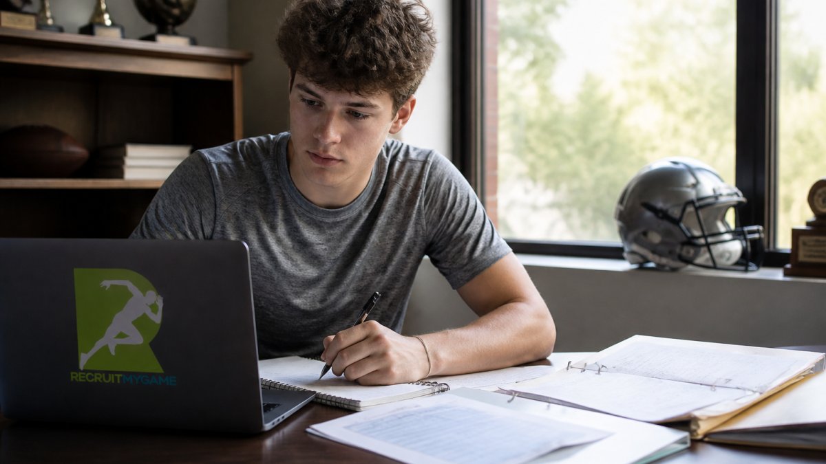 High school student-athlete sitting at a desk with a laptop and notebook, reviewing college roster information and taking detailed notes on program depth charts, with focused expression and natural window lighting