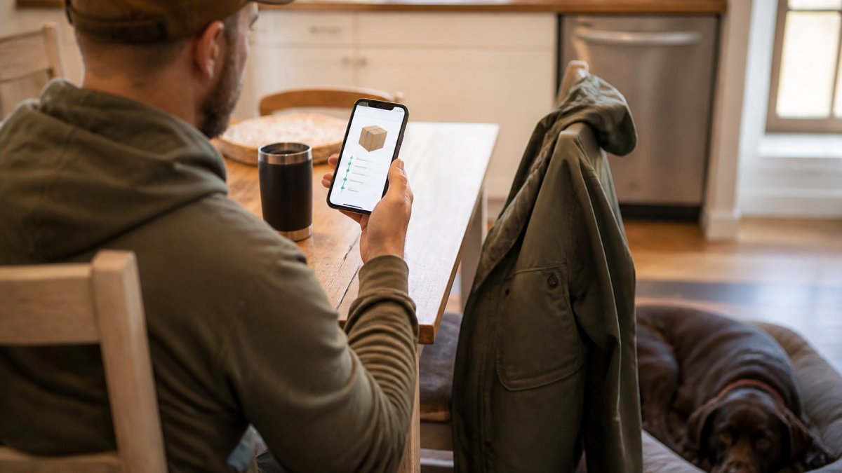 Person sitting at a kitchen table holding a smartphone showing a package tracking screen, with a jacket draped over the chair and a dog resting nearby