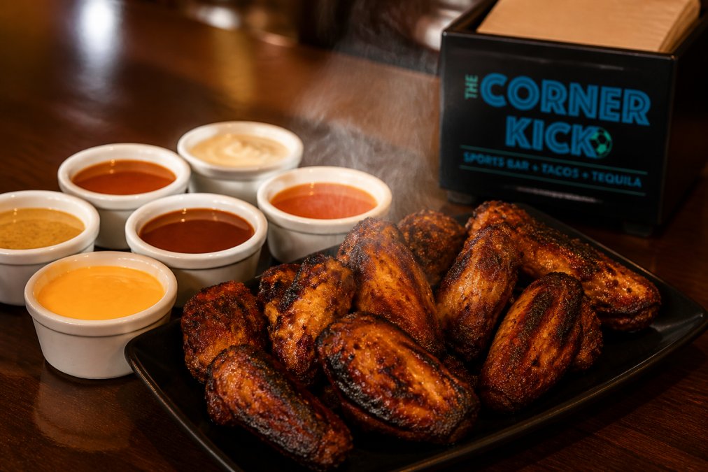Close-up of a plate of crispy charred wings with six dipping sauces arranged in small ramekins beside them on a dark wood bar surface, steam rising slightly from the wings under warm amber lighting