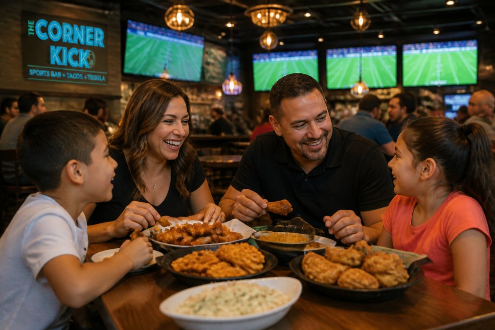 A family of four seated at a casual dining table with plates of fried chicken, wings, and sides, smiling and talking in a warm sports bar atmosphere with large screens visible in the background, warm overhead lighting