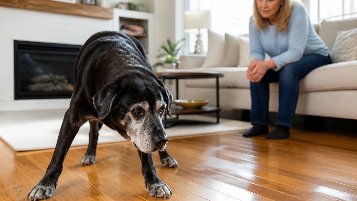 A senior dog with gray around the muzzle standing hesitantly on a polished hardwood floor, paws splayed slightly for balance, with a concerned owner watching nearby in a sunlit living room