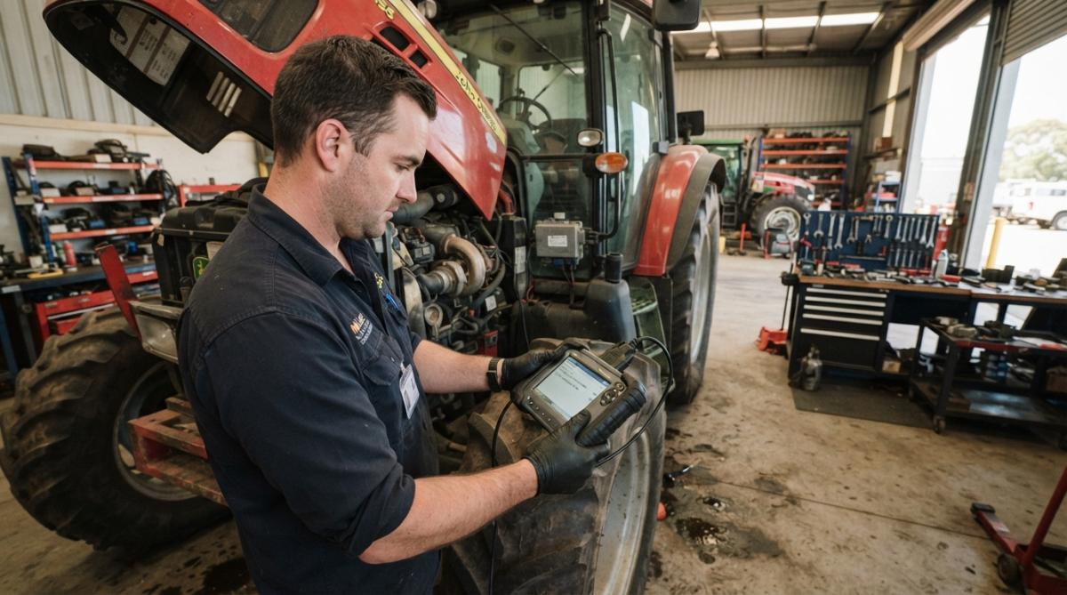 Mechanic using advanced equipment to perform tractor diagnostic services on an engine in a workshop