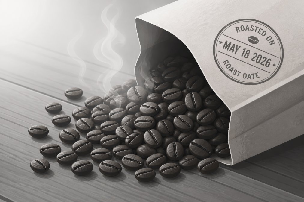 Close-up of freshly roasted whole coffee beans spilling from a kraft paper bag onto a wooden table, with a roasting date stamp visible on the bag, warm natural light illuminating the steam rising from the beans
