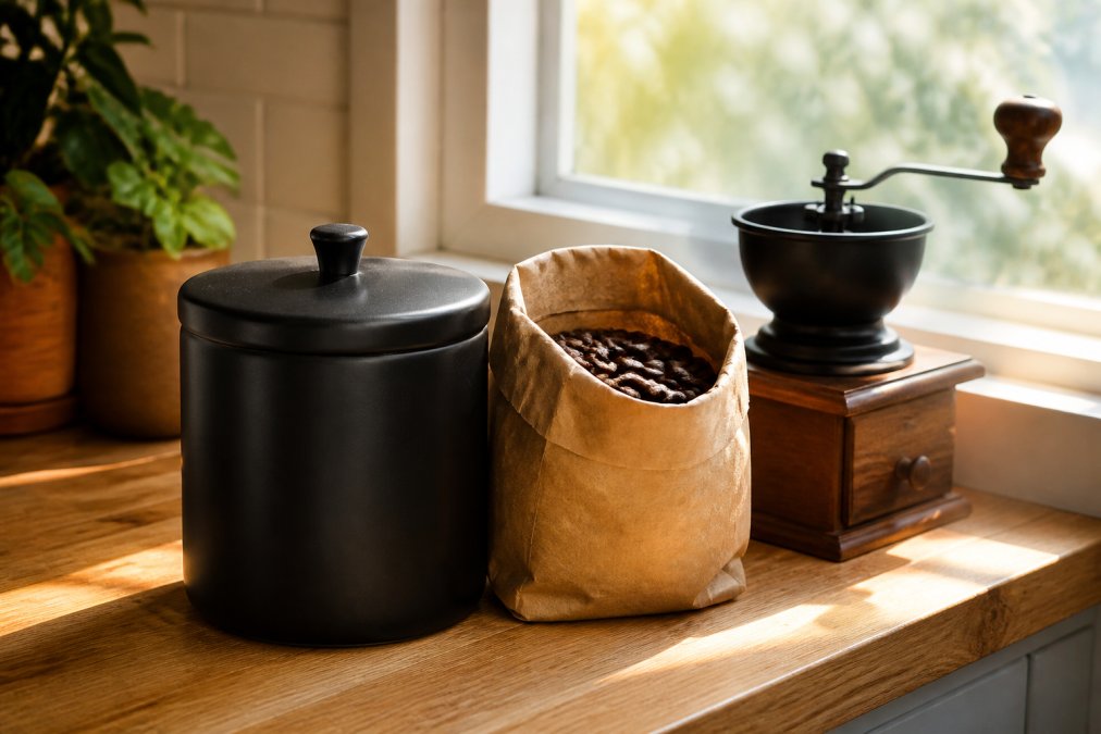 A sealed matte-black ceramic coffee canister and an open kraft paper bag of whole beans sitting on a light wood kitchen counter next to a manual burr grinder, soft morning light coming through a window behind them