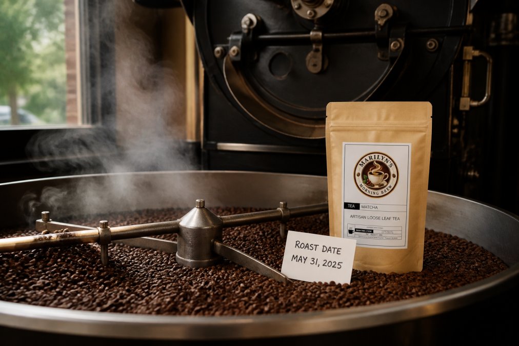 A freshly roasted batch of coffee beans cooling on a roasting table with roast date label visible, steam rising, showing the artisanal roasting process in action