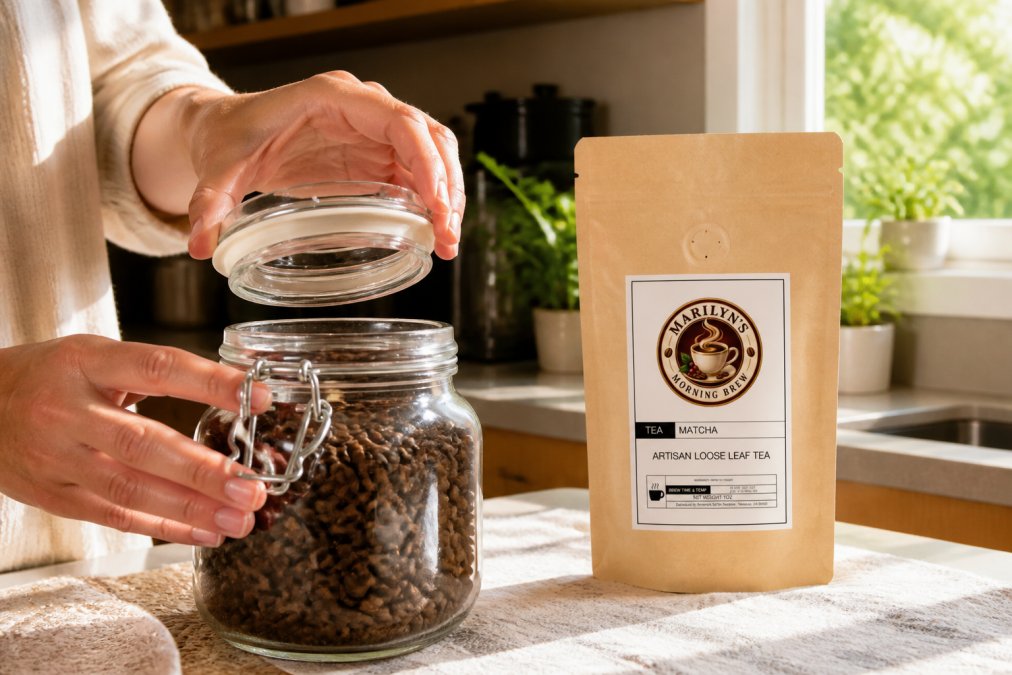 Hands opening an airtight glass container of whole coffee beans, showing proper storage setup with a one-way valve visible on packaging nearby, morning light streaming through a kitchen window