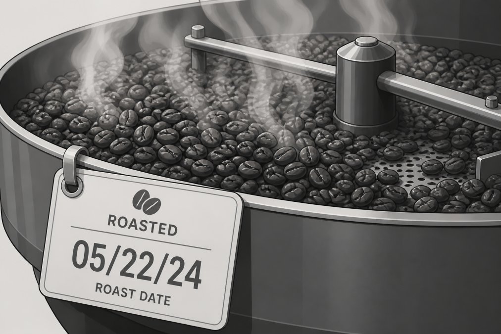 Close-up of freshly roasted coffee beans cooling on a roasting table with steam rising, showing the roasting date label clearly visible