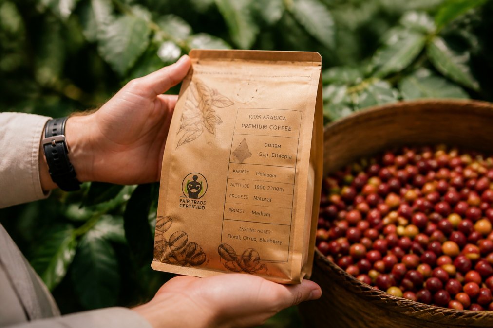 Hands holding a bag of specialty coffee beans with visible origin information and fair trade certification label in natural daylight