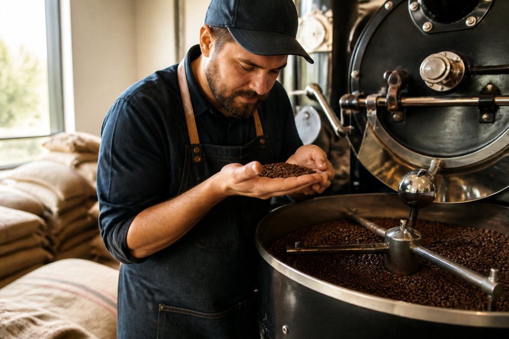 Small roaster carefully inspecting freshly roasted coffee beans in a roasting facility, with natural light highlighting the beans' color and texture