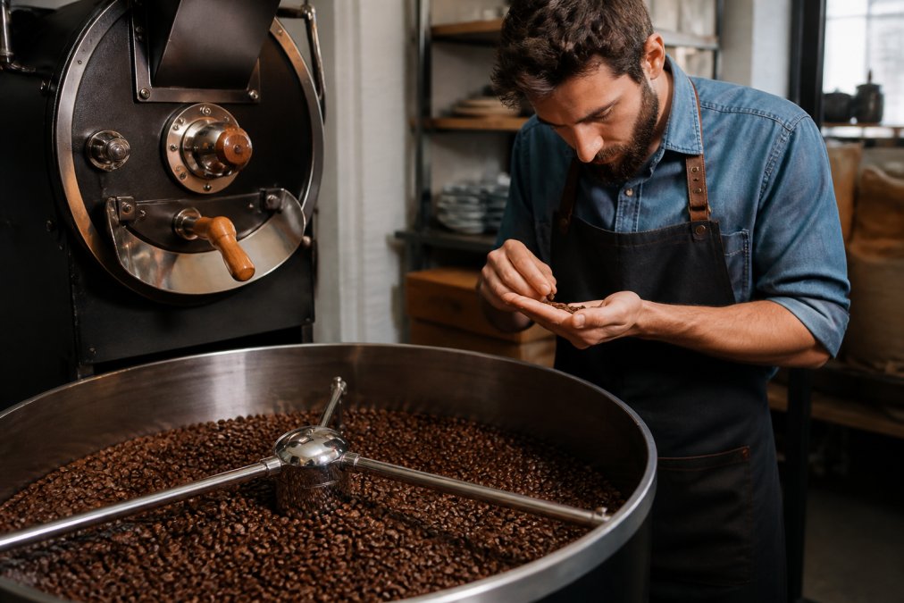 Small specialty coffee roastery workspace with a professional roaster machine, freshly roasted beans cooling on a metal tray, and a roaster checking bean color under warm studio lighting