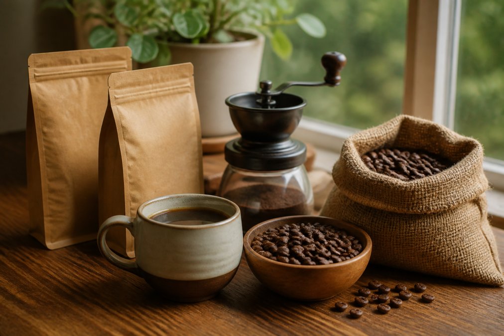 Carefully arranged specialty coffee setup with whole bean bags from a small roaster, a brewing cup filled with fresh coffee, and roasted beans ready for grinding on a warm wooden table with natural morning light