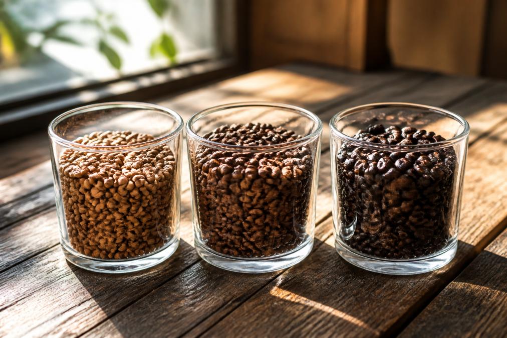 Freshly roasted coffee beans in various roast levels, light, medium, and dark, displayed in clear glass containers on a weathered wooden surface with soft morning sunlight streaming across, highlighting the different color gradations