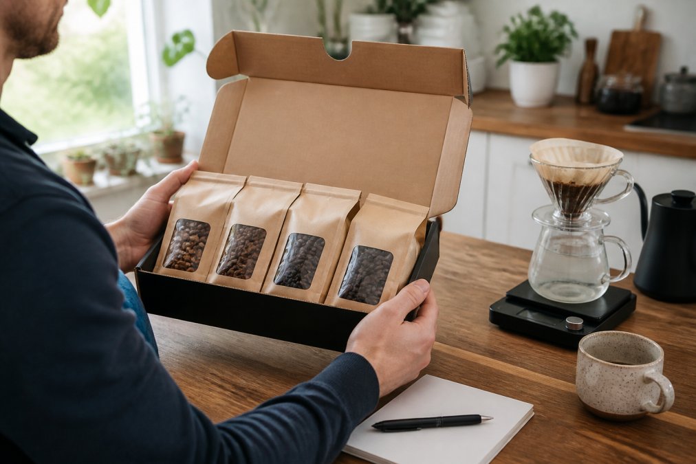 Person holding an open coffee subscription box filled with whole bean bags in various roasts, sitting at a home kitchen counter with a pour-over brewer, scale, and tasting notes visible nearby, natural light from a window