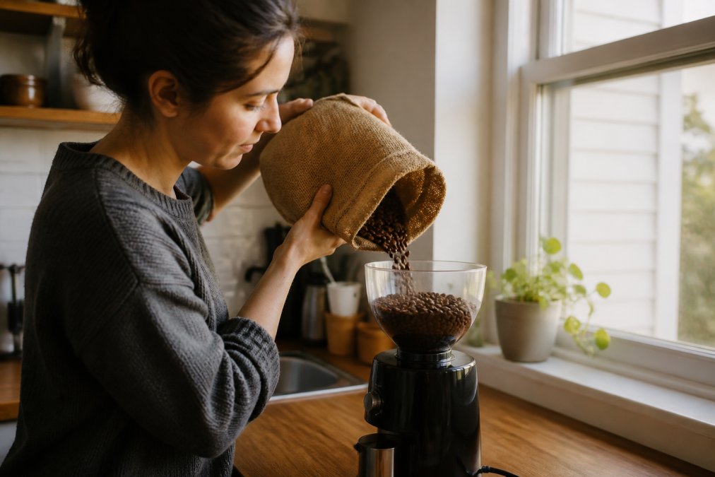 A person in a home kitchen holding a burlap coffee bag, pouring fresh roasted beans into a grinder near a window with soft morning light