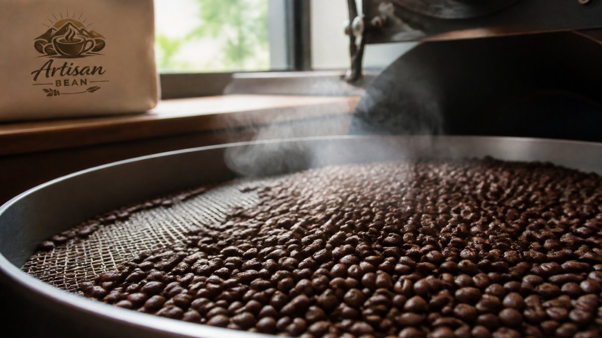 Diagram illustrating the roast-to-order process with steaming coffee beans cooling on a wire tray.