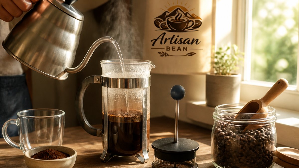 Hands pouring hot water into a French press filled with coarse coffee grounds, steam rising from the glass pot, morning sunlight streaming through a kitchen window