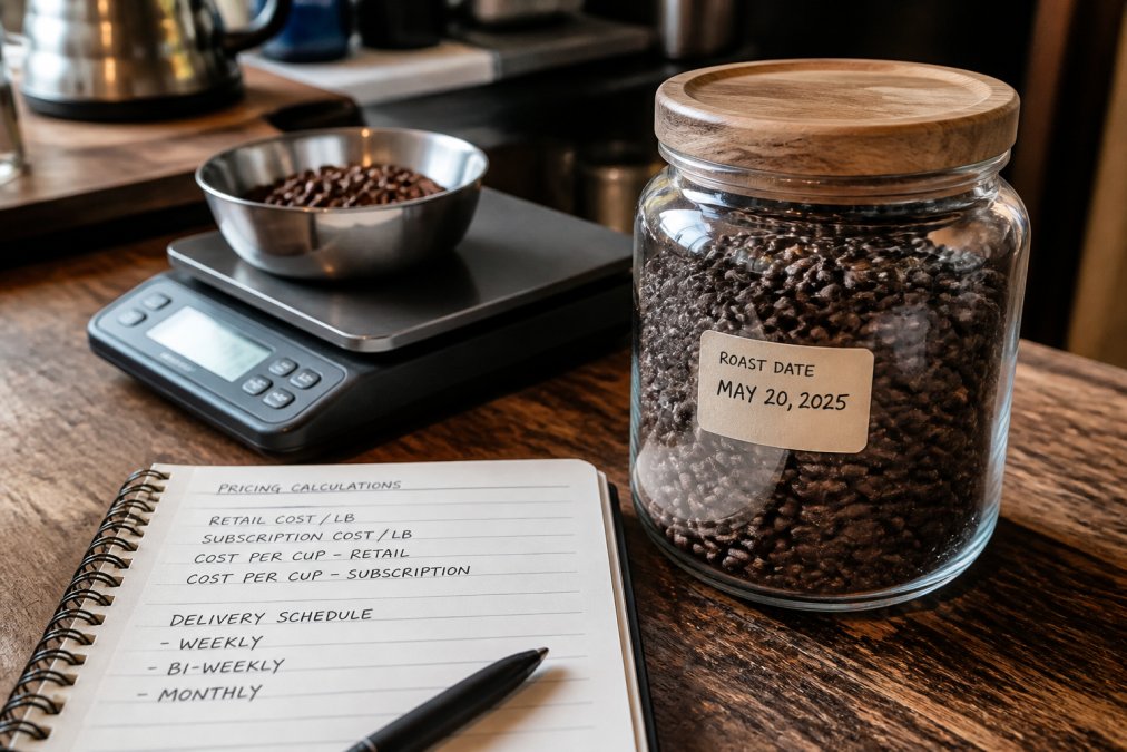 Close-up of freshly roasted coffee beans in a clear glass jar with a roast date label visible, sitting beside a coffee scale and notebook with pricing calculations and delivery schedule notes