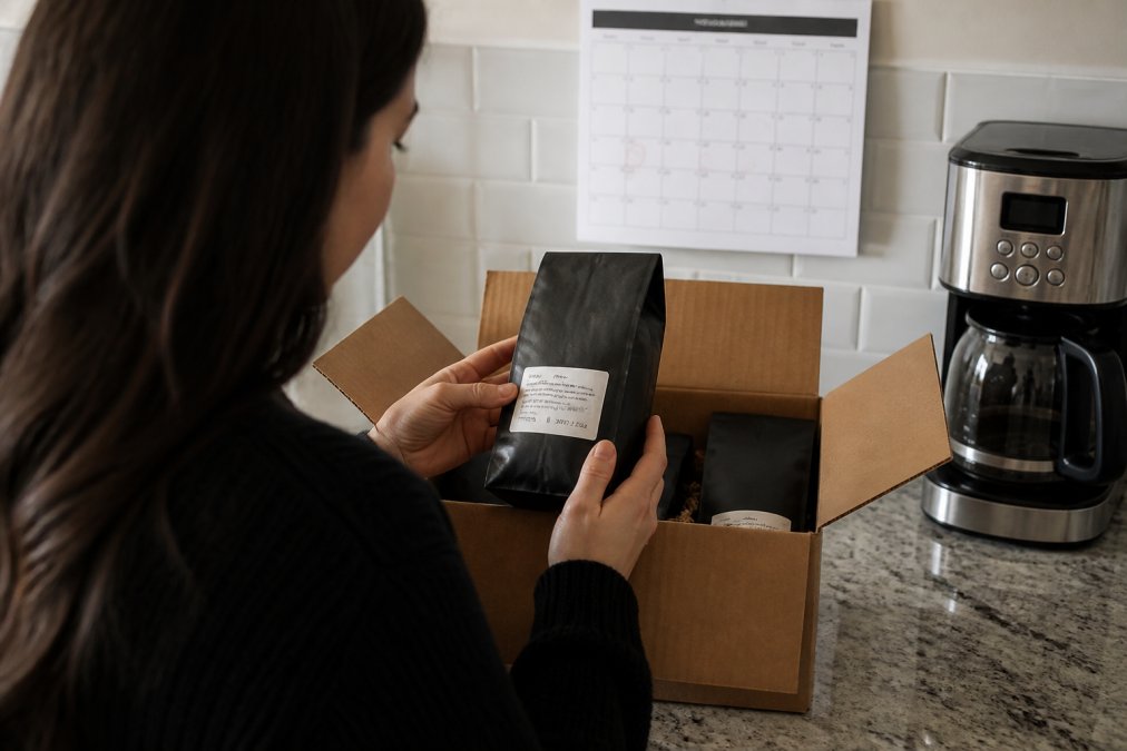 Person at home holding a coffee subscription box with beans, examining the roast date label while a coffee maker sits on the counter and a calendar showing delivery schedule is visible in the background
