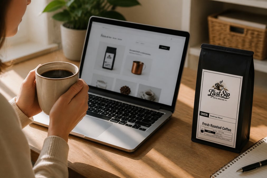 Person holding a warm mug of freshly brewed coffee at a home desk with a laptop showing a coffee subscription order page in soft morning light