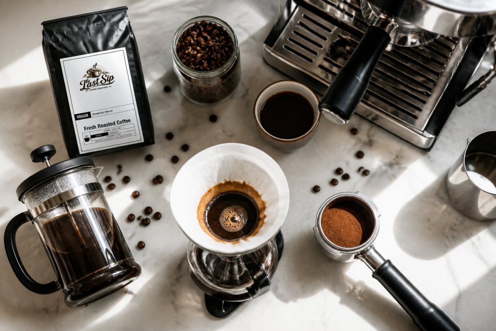 Overhead shot of different brewing equipment including French press, pour-over, and espresso machine arranged on a counter with fresh coffee beans and a subscription bag in natural light