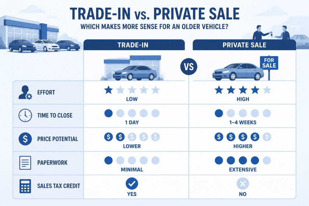 Comparison matrix of trade in vs. private sale across effort, time to close, price potential, paperwork, and sales tax credit for older vehicles