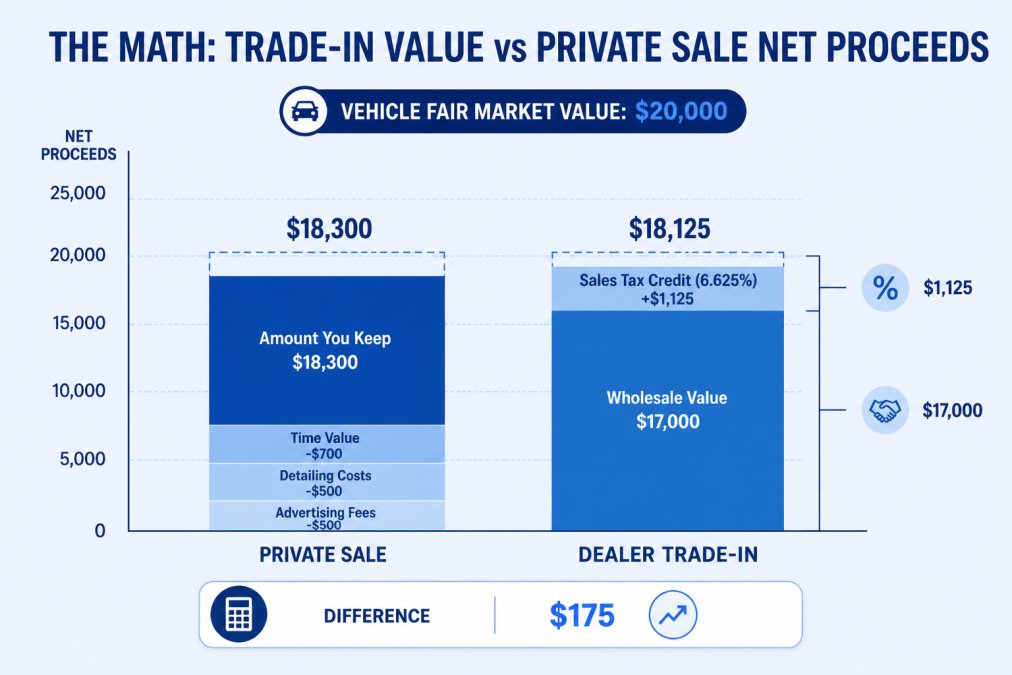Stacked bar chart comparing net proceeds for a $20,000 fair market value vehicle: Private Sale ($20,000 minus advertising fees, detailing costs, and time value) vs Dealer Trade-In ($17,000 wholesale value plus 6.625% sales tax credit on the new purchase)