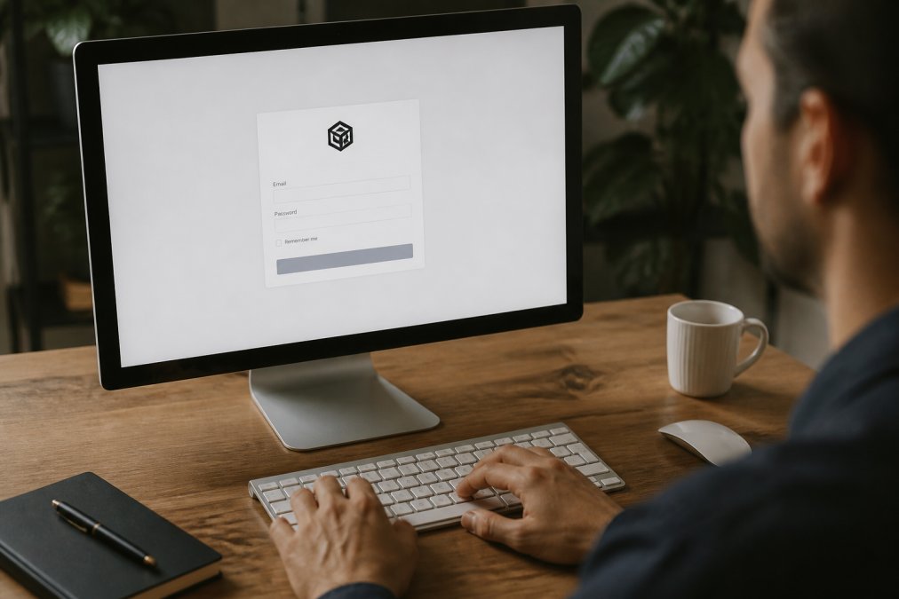 Close-up of a computer monitor displaying the TradeLocker demo login page with email and password input fields visible, hands positioned at the keyboard ready to enter credentials