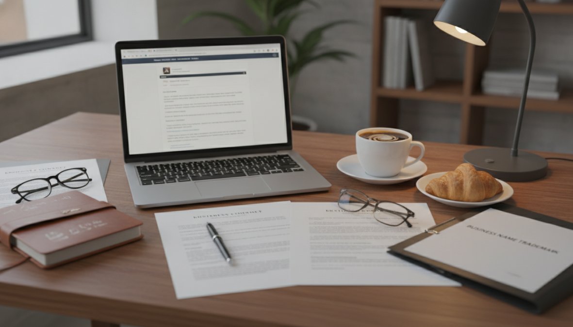 Business owner sitting at desk with laptop, reviewing trademark application documents and notes, coffee cup and business materials visible, natural office lighting