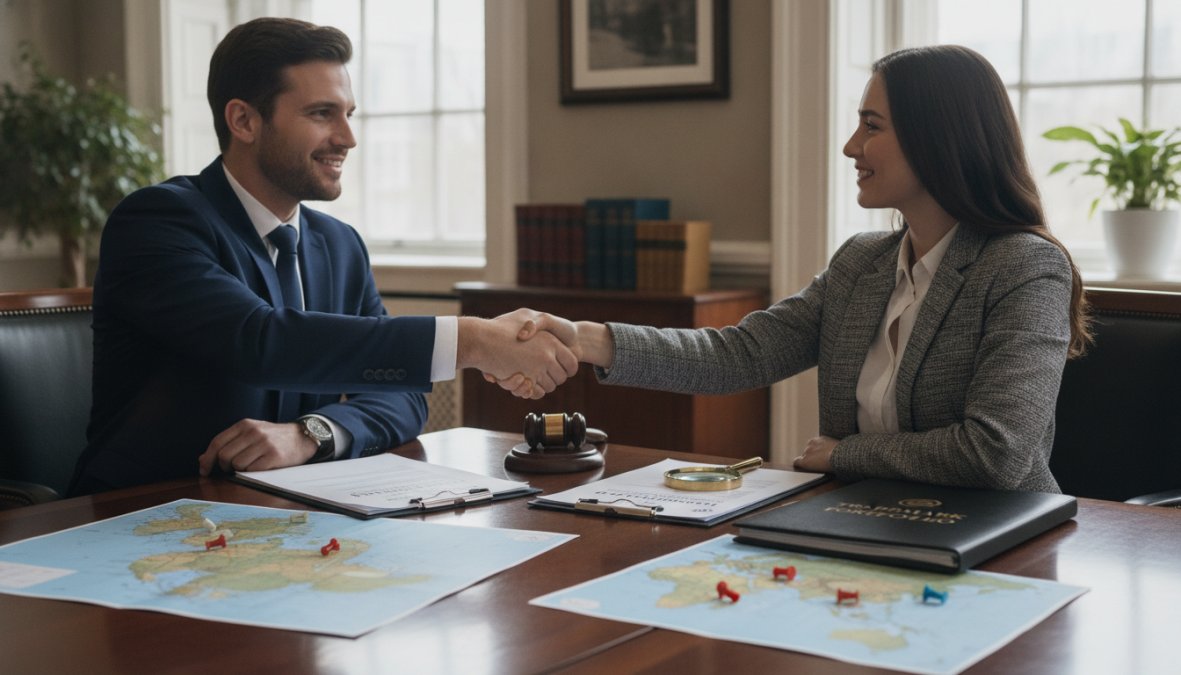 A business attorney and a small business client shaking hands across a conference table with legal documents visible, in a professional law office environment