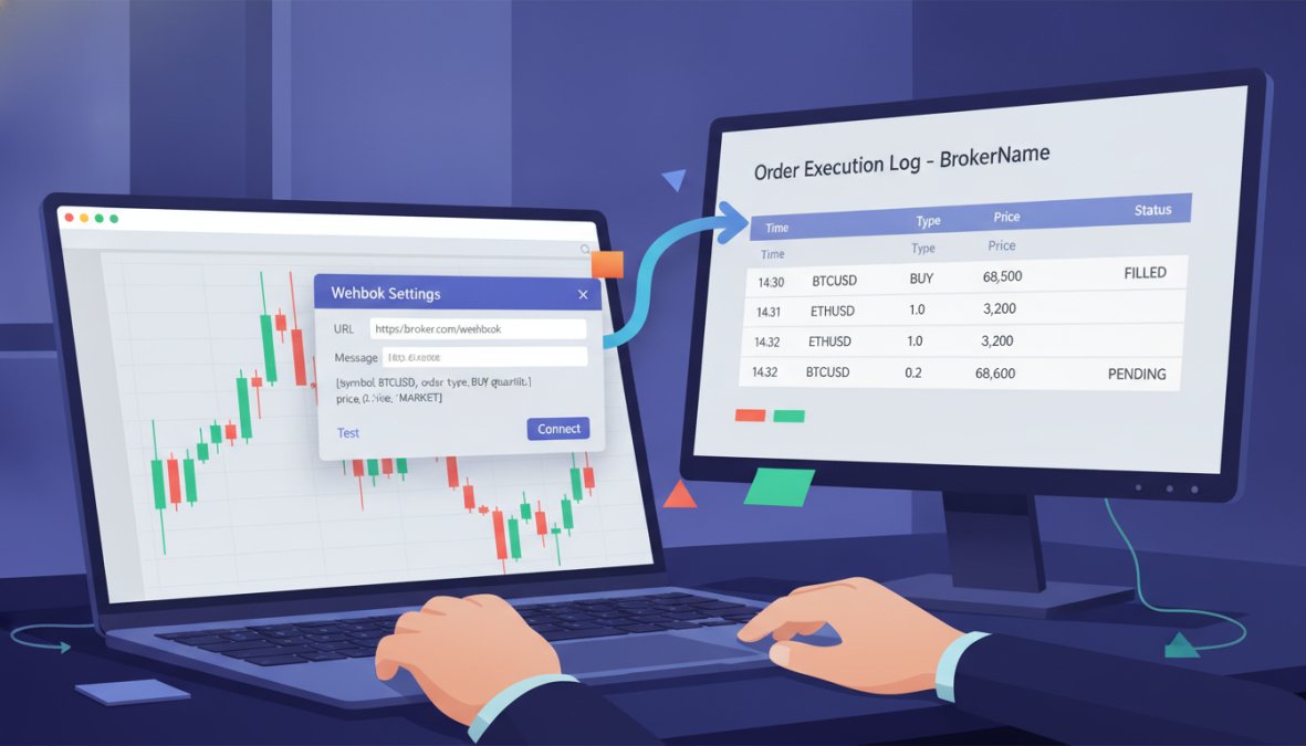 Close-up of a trader's hands configuring webhook settings on a laptop screen displaying a TradingView chart interface, with a second monitor showing order execution logs in a dimly lit home trading office