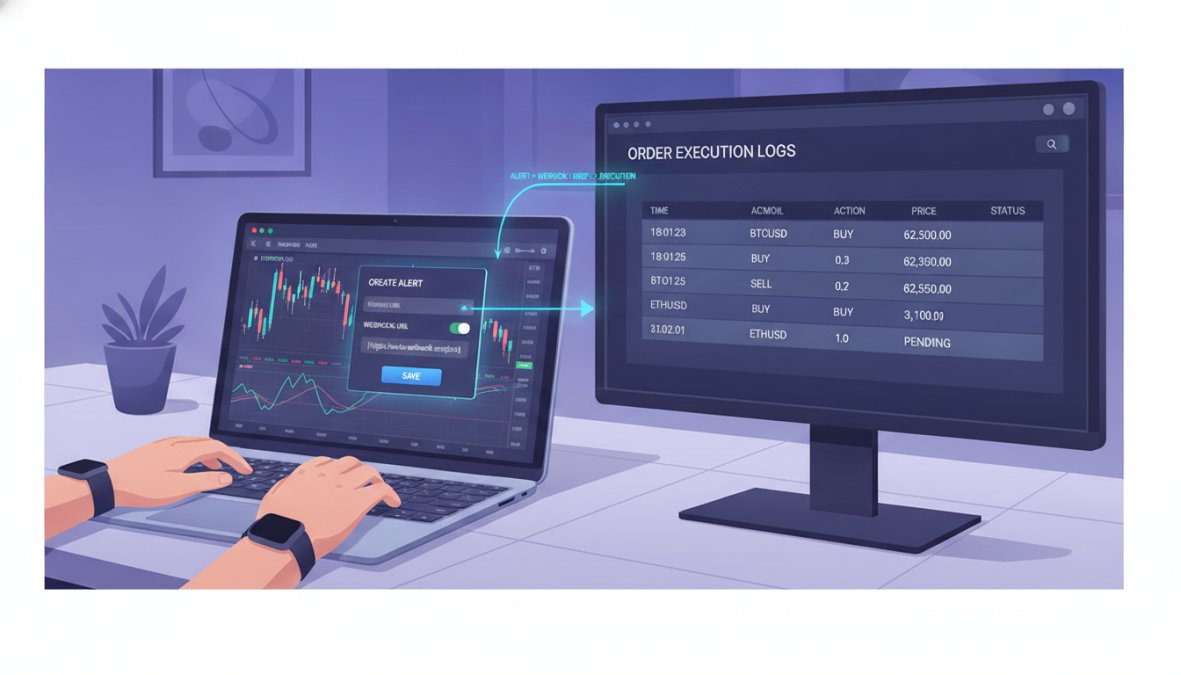 A focused professional at a standing desk reviewing real-time monitoring dashboards on dual monitors, with a notepad showing API key management notes and a smartphone displaying trade alerts nearby