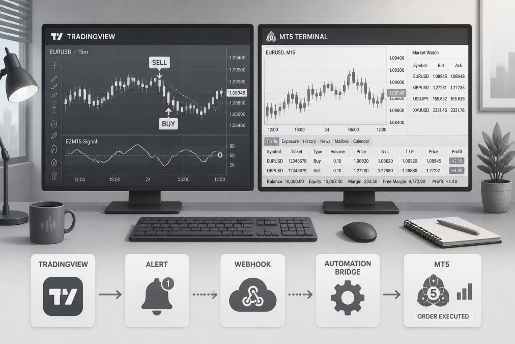 Trader's desk with dual monitors displaying TradingView charts with indicator signals on one screen and MT5 terminal showing active orders and real-time price action on the other, with ambient office lighting