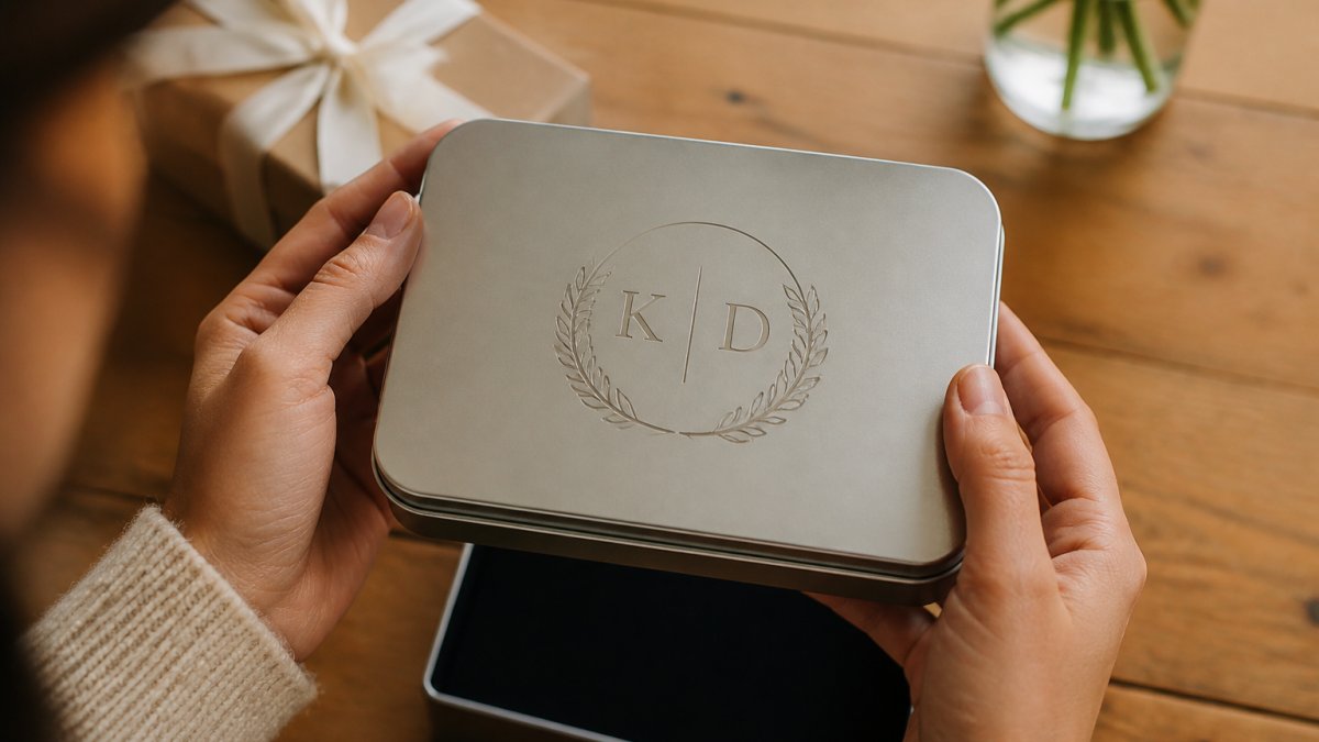 A close-up of hands holding a personalised engraved tin keepsake box with a couple's initials, soft natural light, warm wooden table setting