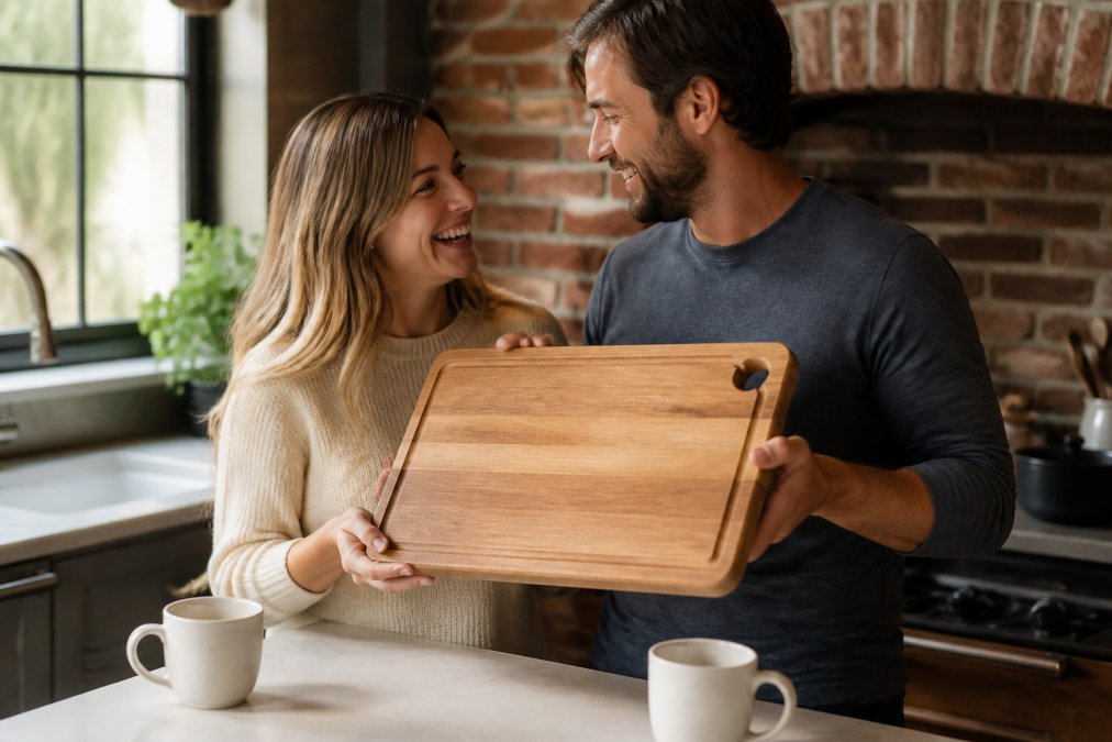A couple holding an engraved wooden cutting board as a 5th anniversary gift in a warm, sunlit kitchen.