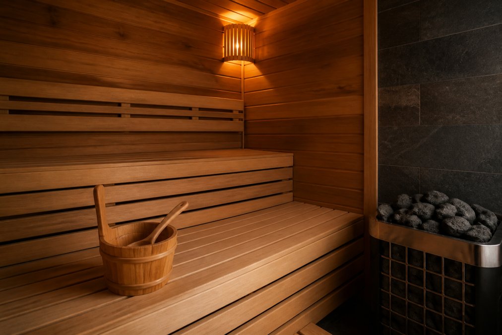 Interior of a traditional Finnish sauna with honey-toned cedar wood walls, tiered wooden benches with simple backrests, warm ambient glow from a vapor-proof wall light, wooden bucket and ladle resting on the lower bench, and sauna stones visible on top of the heater in the corner