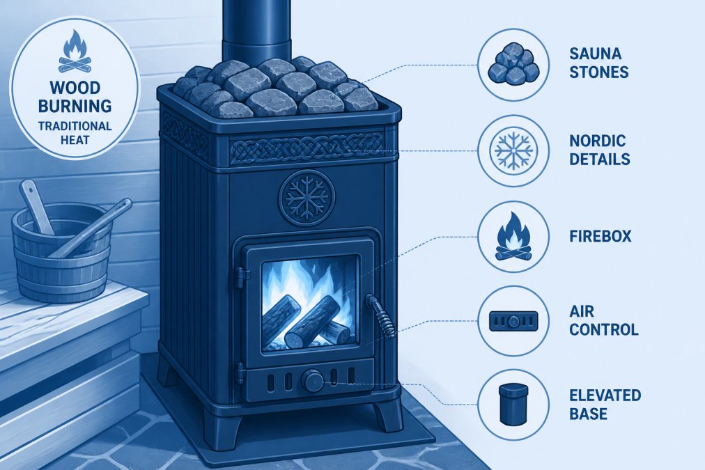 Close-up detail of a wood-burning sauna stove with visible firebox, sauna stones stacked on top, showing traditional Nordic design elements and the warm glow of active fire visible through the stove door