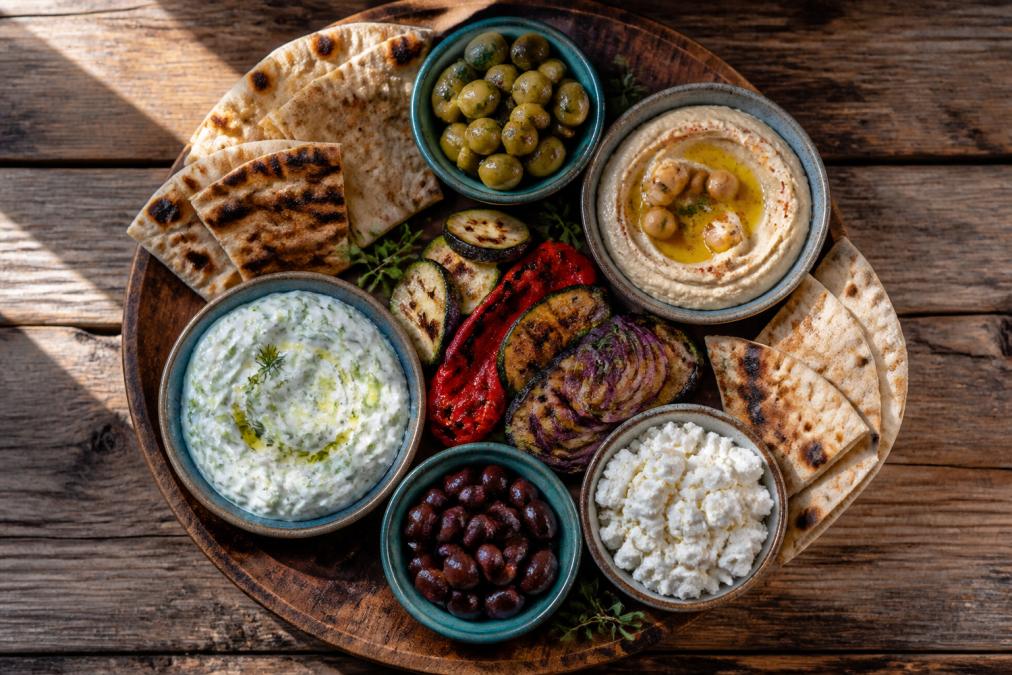 Overhead view of a rustic wooden table with a large Greek mezze platter featuring bowls of tzatziki, hummus, olives, feta, and grilled vegetables, surrounded by warm pita bread under natural window light