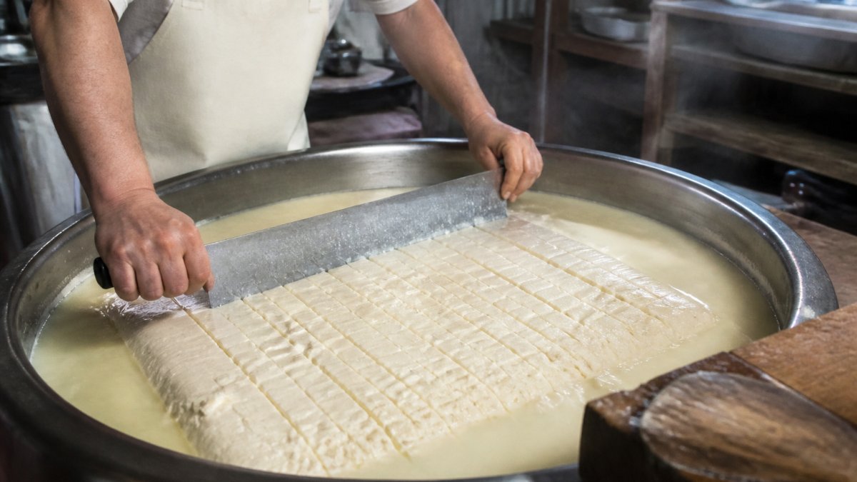 A cheesemaker's hands cutting a large block of set curd into cubes with a stainless steel knife inside a vat of warm milk, steam rising slightly, small-batch creamery setting with worn wooden tools nearby