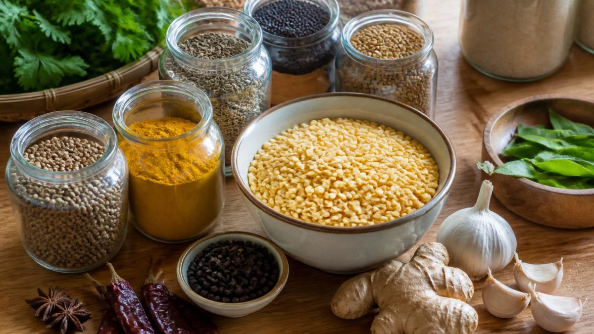 Colorful spices in glass jars, raw grains, and fresh aromatics arranged on a wooden kitchen counter