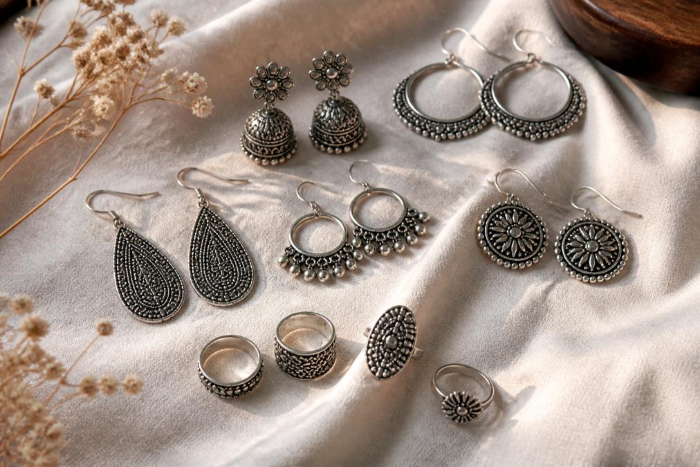 A flat lay of assorted handcrafted sterling silver earrings and rings arranged on soft natural linen, lit by gentle window light