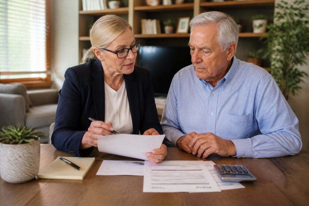 Financial advisor and retiree reviewing retirement account statements and tax documents at a desk, with a calculator, notepad, and IRS tax forms visible in natural office lighting