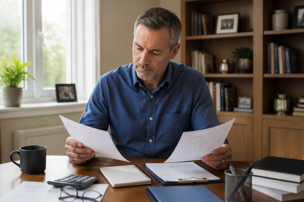 Middle-aged professional sitting at a home office desk, reviewing tax forms, retirement planning materials, and IRA statements on a computer screen with natural window lighting