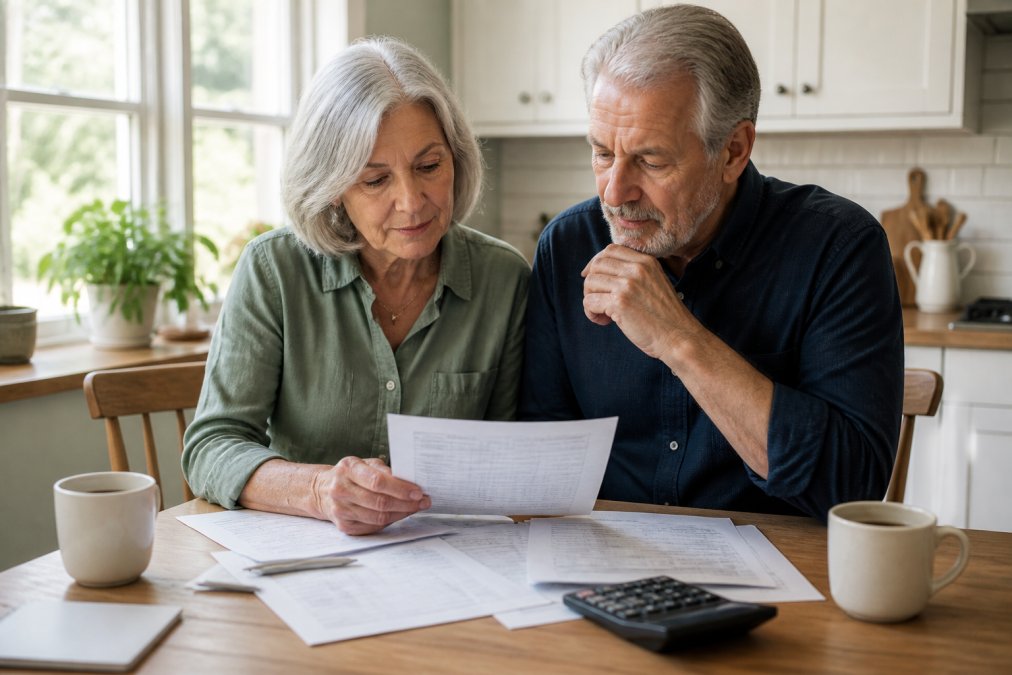 A retired couple reviewing financial documents and tax forms at a kitchen table with a calculator and coffee, natural afternoon light streaming through a window